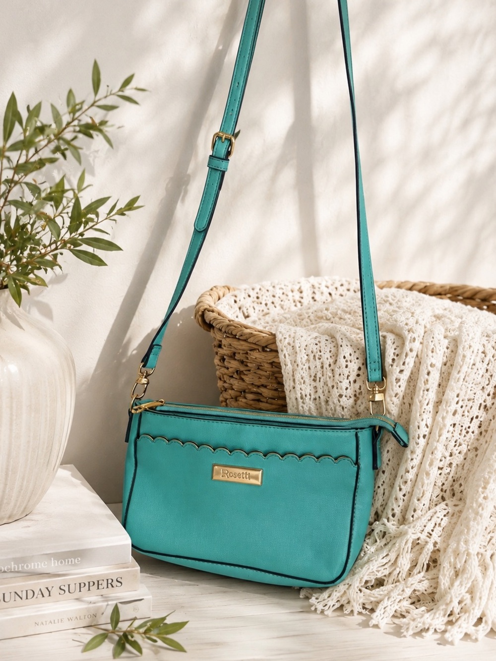 Trina Turk Turquoise Teal Crossbody Bag Scalloped Gold Tone Adjustable Strap